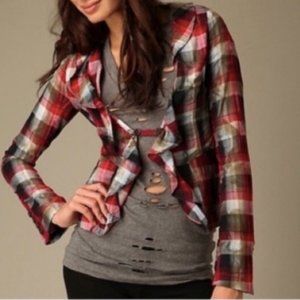 Free People Red Plaid Liberty Ruffled Blazer Top